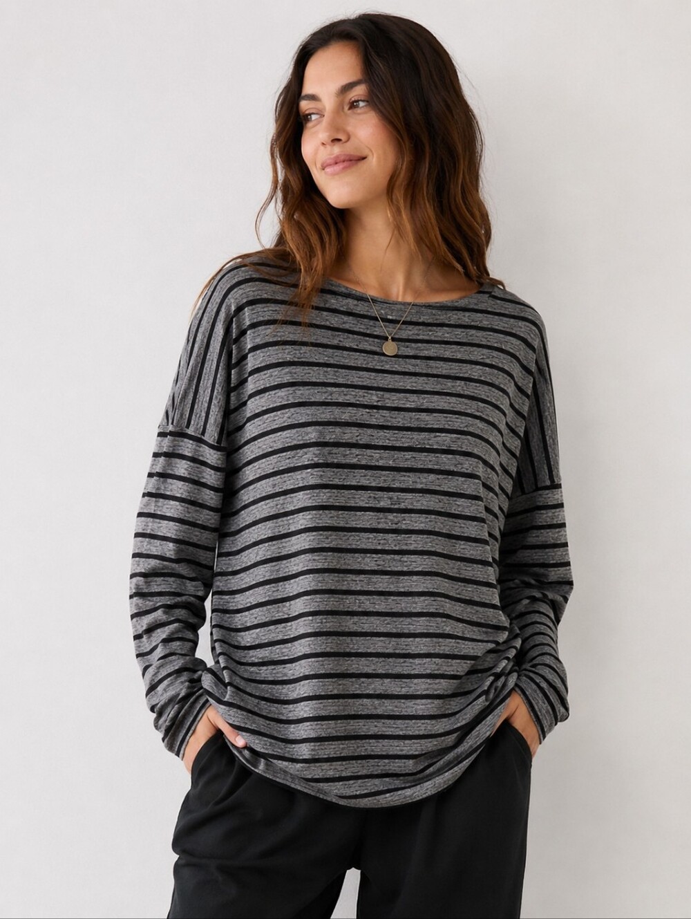 Eileen Fisher L/G Organic Cotton Striped Oversized Long Sleeve Top Gray Black
